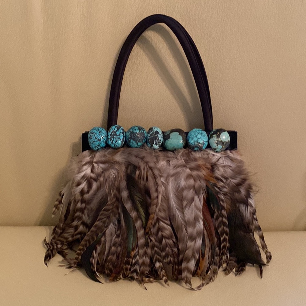 Moo Roo Charleston Purse - Pheasant Feather with Polished Turquoise Stones